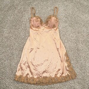 Vintage 90s Victorias Secret Slip Dress 34C Champagne Rose Gold Satin Floral